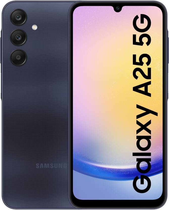 Samsung Galaxy A25 smartphone in blue color showing the rear camera setup and the 'Galaxy A25 5G' text on the display.